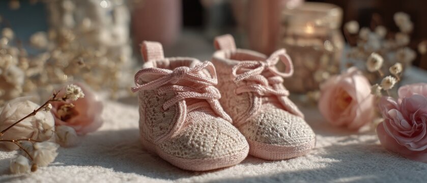 Baby shoes and flowers celebration new life