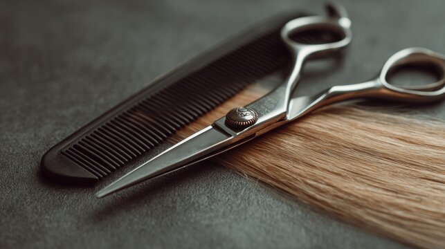 Hairdressing tools scissors comb and hair