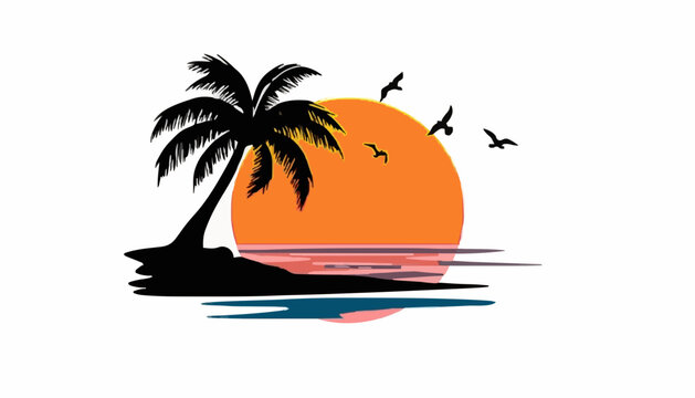 Tropical Beach Sunset Silhouette with Palm Tree and Flying Birds Illustration