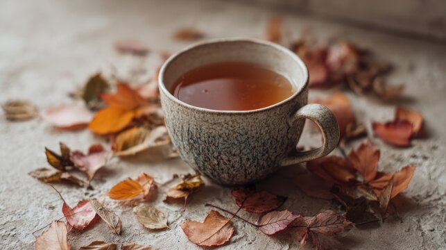 Cup of tea with autumn leaves
