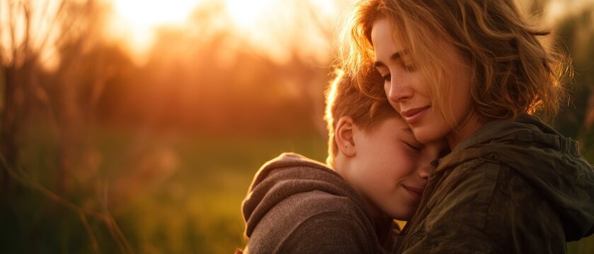 Mother and son embracing outdoors during sunset