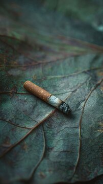 Cigarette butt on a large textured leaf