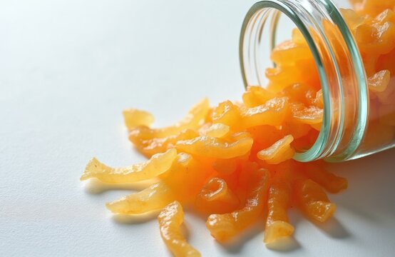 Dried fish maw spills from clear glass jar onto white background. Yellow marine ingredient lies on surface. Traditional Asian seafood delicacy used in gourmet soup. Healthy protein snack food product