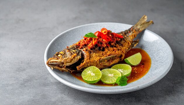 Crispy Deep Fried Whole Fish with Spicy Red Chili Sauce and Fresh Lime
