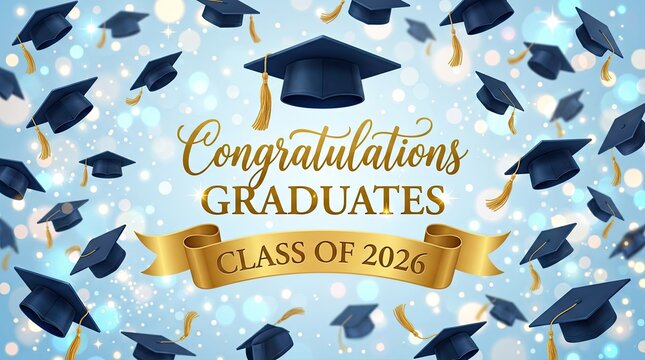 Congratulations graduates class of 2026 celebration banner and flying graduation caps