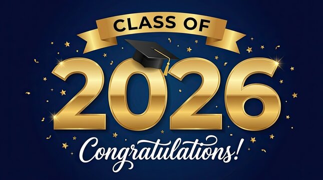 Class of 2026 graduation announcement with cap and stars navy and gold