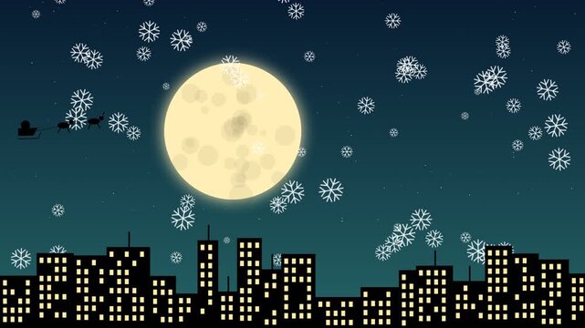 Santa sleigh flying over city skyline with full moon and falling snow