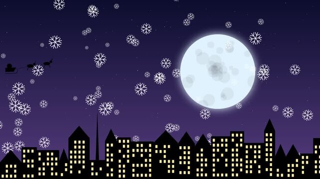 Santa sleigh flying over city skyline with full moon and falling snow
