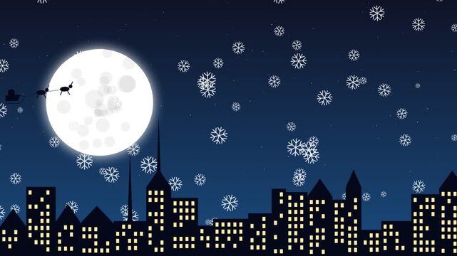 Santa sleigh flying over city skyline with full moon and falling snow