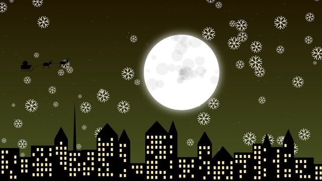 Santa claus flying in sleigh over city skyline with full moon and falling snow