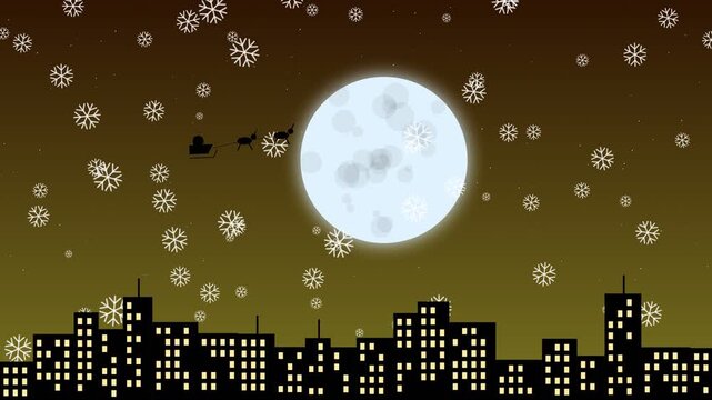Santa sleigh flying over city skyline with full moon and falling snow animation
