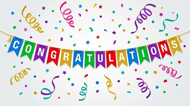 Festive congratulations banner with confetti and streamers for celebratory events