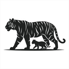 Obraz premium Black silhouette vector illustration of a tiger walking with its cub