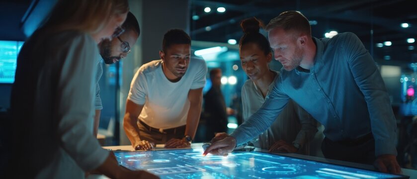 Team collaborating over futuristic interactive display