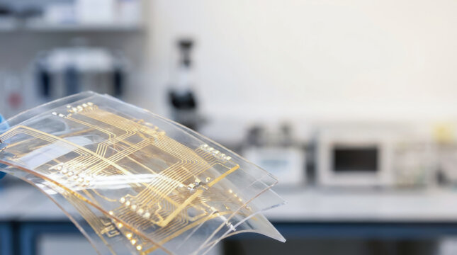 Nano film technology flexible circuit sheet in laboratory with blurred background and soft light