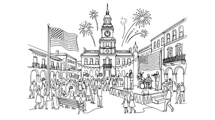 Naklejka premium American Independence Day Celebration in Town Square with Fireworks and Parade