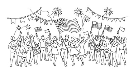 Fototapeta premium Celebration Crowd Waving American Flags with Fireworks and Bunting