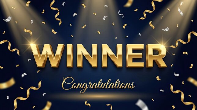 Golden 'winner' text with confetti and light rays for celebration events