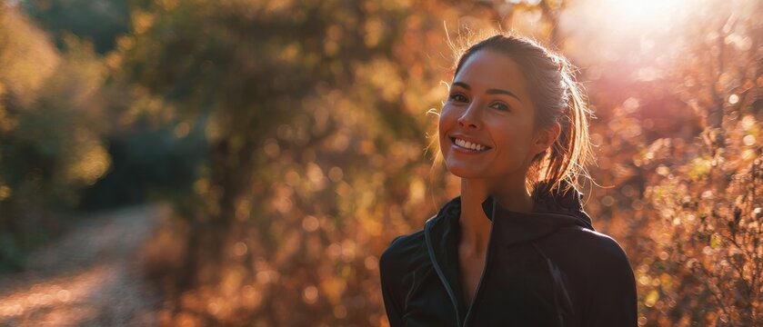 Woman smiling outdoors in autumn sunlight