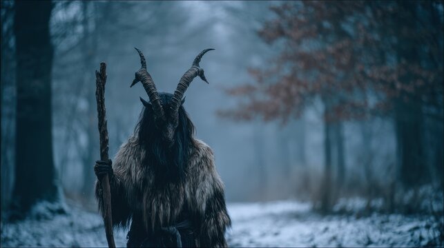 Figure in horned costume in a snowy forest