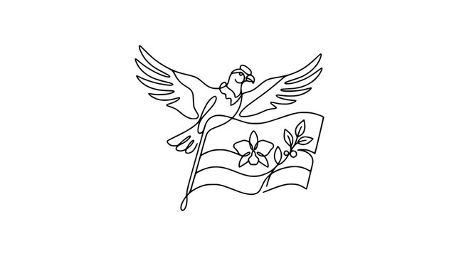 Continuous line drawing of a dove carrying a flag with flowers, symbolizing peace, freedom, and hope.
