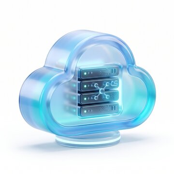 3D cloud server computing icon with glassmorphism style, digital database network storage hosting inside frosted transparent cloud