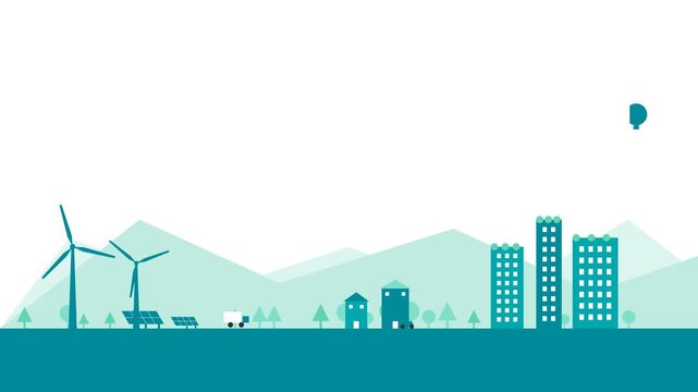 Sustainable city skyline with wind turbines and solar panels in flat design