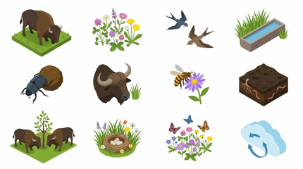 Fototapeta premium Colorful cartoon animals and plants in a flat design style.