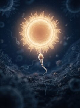 Sperm cell moves through the microscopic environment toward the egg, showcasing the fertilization process in reproductive health.
