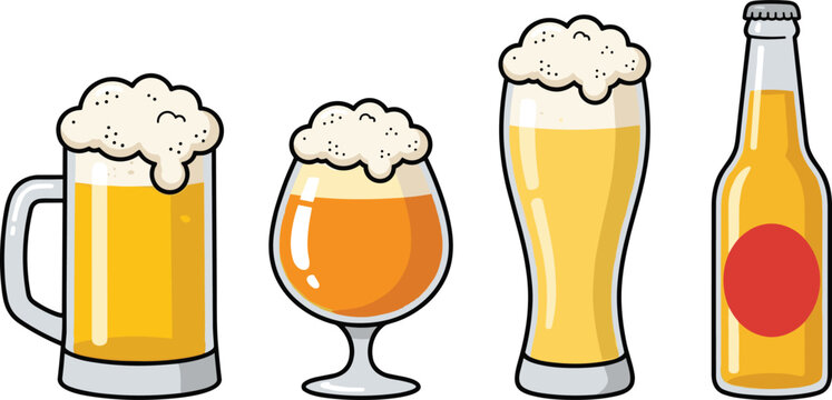 Craft Beer Bottle Mug and Glass Set with Frothy Foam for Pub Menu Branding Brewery Marketing Layouts and Oktoberfest Celebration Vector Graphic Designs
