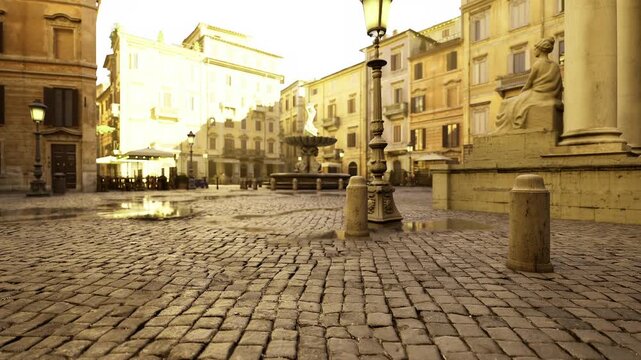 soft morning light on classical columns and stone steps, calm cobblestone foreground with long shadows and architectural detail ideal for heritage imagery