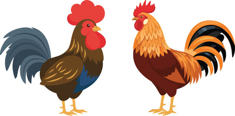 Rooster Farm Animal Vector Set Featuring Two Colorful Breeds of Cockerels with Distinct Feathers and Red Combs for Poultry Farming Branding Layouts © rumi