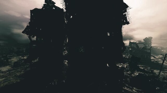 dark silhouette of ruined monolith against bright sky, foreground structure dominates frame, backlit edges reveal vine patterns and fractured surfaces, scene