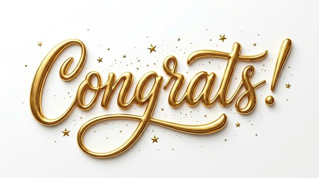 Golden 'congrats ' typography with sparkling stars on a white background
