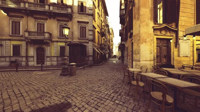 Twilight perspective down historic street, narrow facades framing distant light, textured cobbles and moody shadows create cinematic atmosphere ideal