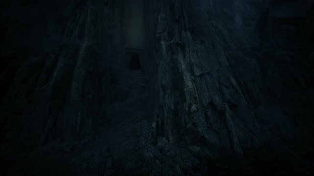 vertical basalt face with narrow dark portal at center, low light and heavy shadow, spelunker approach concept, textured rock strata and dripping moisture,