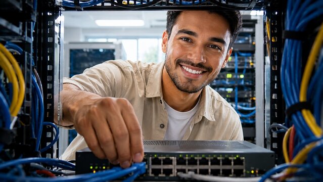 Smiling network technician connecting an Ethernet cable to a rack mounted switch inside a modern server room, illustrating IT infrastructure, data networking, maintenance, connectivity, and system adm