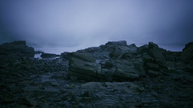 foggy rocky coastline at blue twilight, rugged boulders and slick tidal pools, low visibility, cinematic moody atmosphere for solitude editorial and background