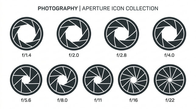 Collection of camera lens aperture icons showing different f stop values