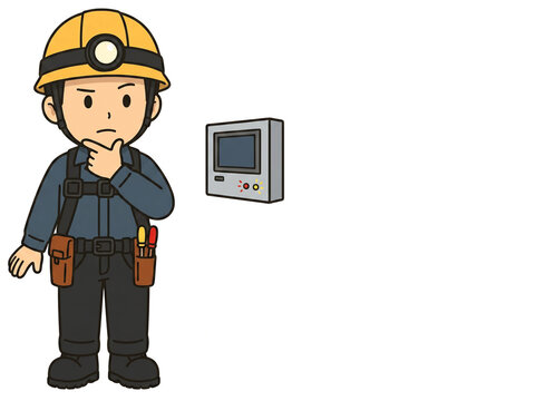 Construction worker investigating unexplained equipment trouble, industrial troubleshooting illustration with copy space