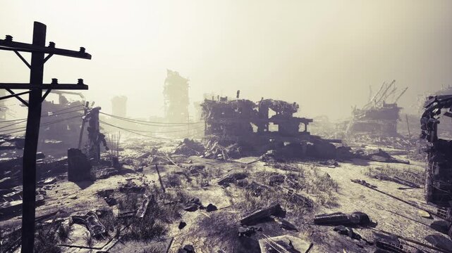 abandoned settlement of scrap dwellings, makeshift corrugated structures clustered amid rubble, tangled wires and broken fences, traces of salvage and human