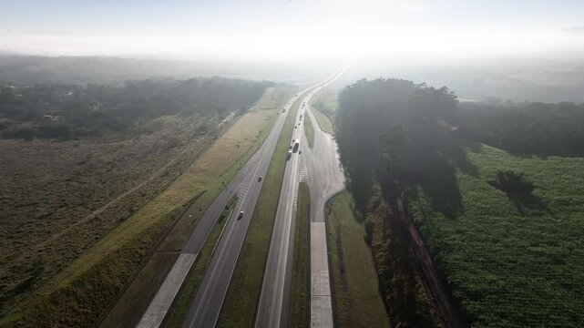 Governador Carvalho Pinto Highway, Ayrton Senna Highway, S&atilde;o Paulo, Brazil. Establishing shot, aerial view.