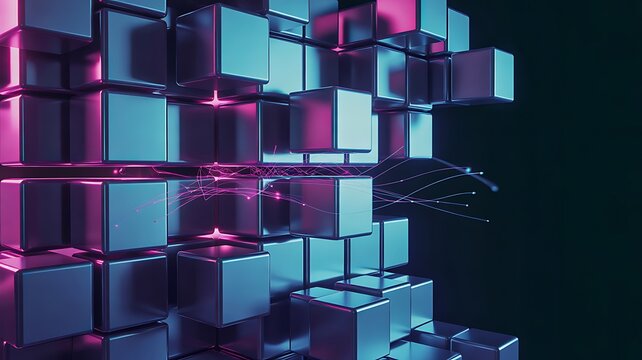Abstract futuristic glowing cube structure with modern digital technology background