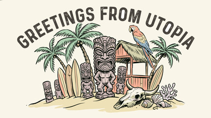 Greetings from utopia. Summer vacation t-shirt design print. Tropical island tiki bar with palm trees and surfboards. Vintage hand drawn illustration for retro travel poster. © m gusafif