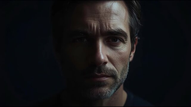 Moody portrait of mature man with stubble and furrowed brow, dramatic low key lighting and textured