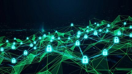 Obraz premium Glowing green cyber security digital network mesh with secure padlock icons representing encrypted data protection and global system safety