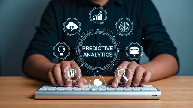 Business professional using predictive analytics dashboard for data driven decision making