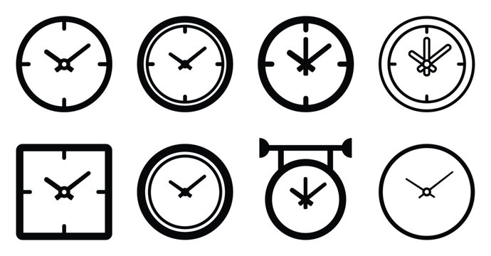 Minimalist classroom clock icon variations set, premium vector line art bundle for digital marketing, clean geometric horizontal clocks graphic designs for creative branding projects isolated 
