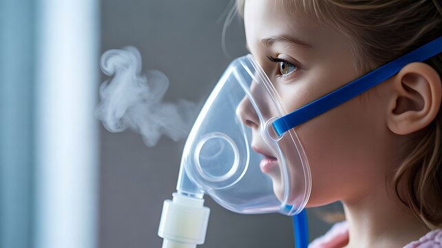 Young child using nebulizer mask for respiratory therapy and breathing treatment