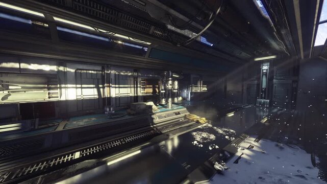 Hightech maintenance bay with service robot performing diagnostics, illuminated platforms and reflective wet floors, exposed machinery and access consoles,